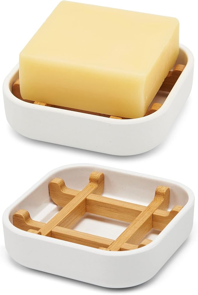 Bamboo Soap Dishes for Bar Soap Holders for Shower for Bathroom Sink Bulk Small Wooden Soap Tray Jabonera Pretty Neat Ventilated Soap Dish Disj Disk, Detachable (Single Rounded White)