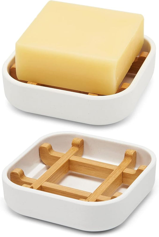 Bamboo Soap Dishes for Bar Soap Holders for Shower for Bathroom Sink Bulk Small Wooden Soap Tray Jabonera Pretty Neat Ventilated Soap Dish Disj Disk, Detachable (Single Rounded White)