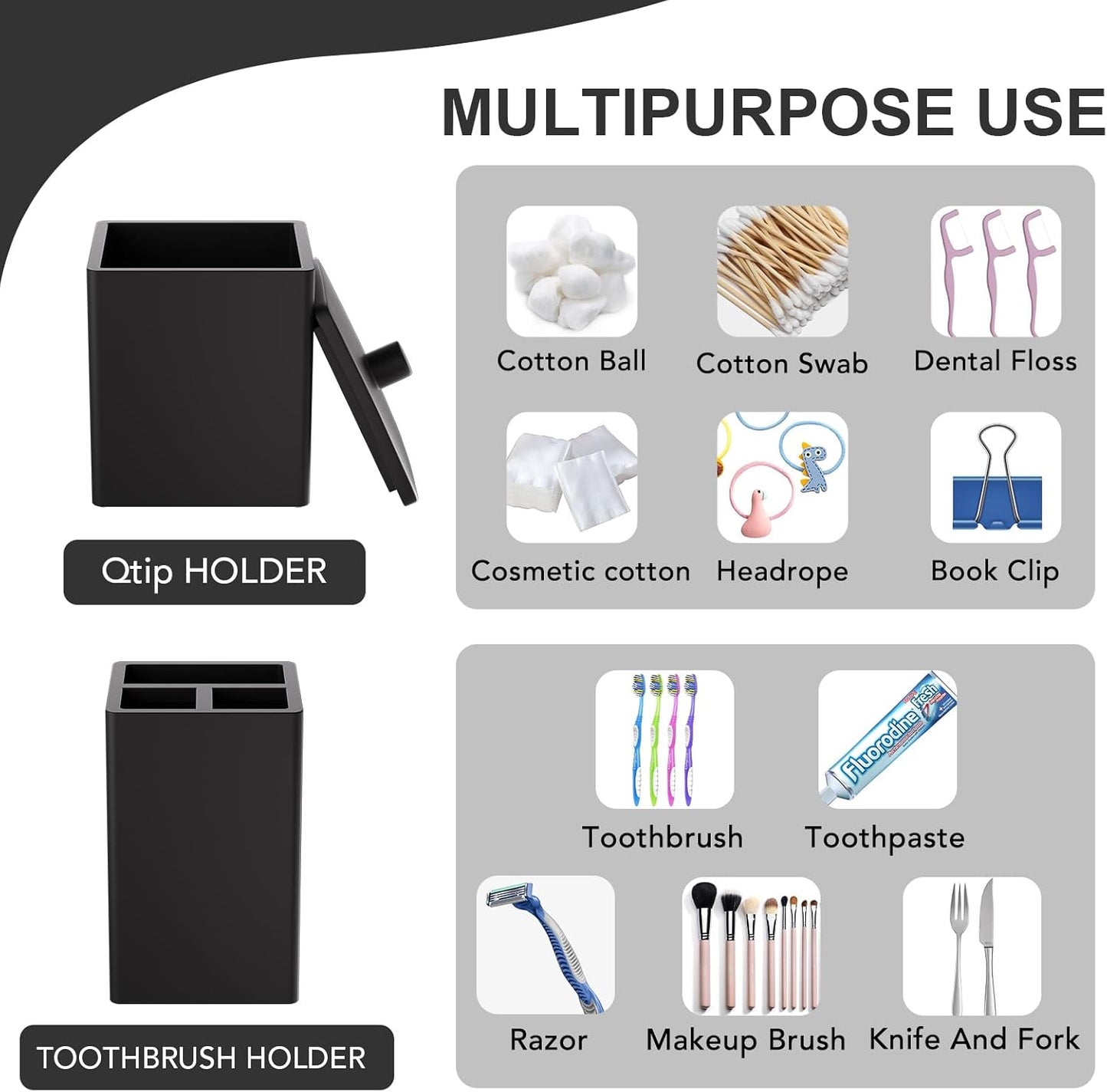 Black Bathroom Accessories Set Resin 6PCS, Square Toothbrush Holders Set Complete with Soap Dispenser, Vanity Tray, Tumbler, Cups and Cotton Swab Jars for Counter, Sink or Small Spaces