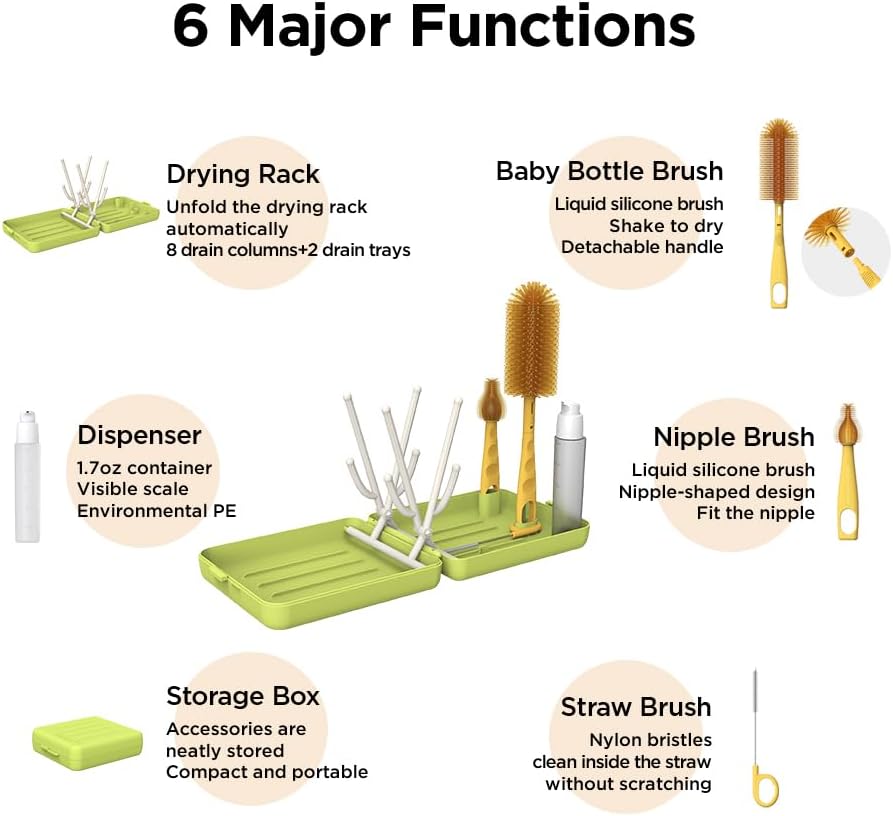 Travel Bottle Brush with Portable Bottle Drying Rack, Baby Bottle Brush for Baby Travel Essential, Green