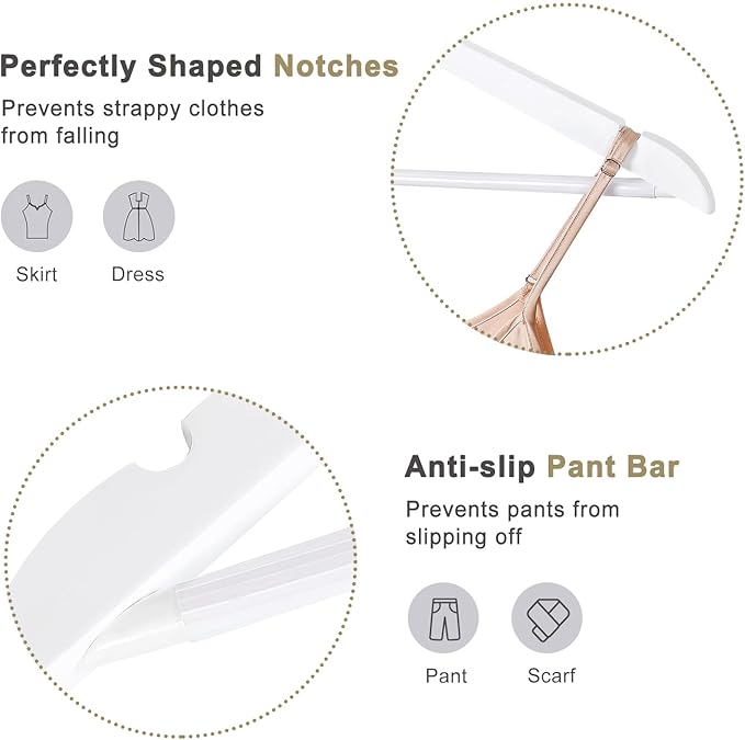 TOPIA HANGER Wooden Hangers 30 Pack, White Wood Coat Hanger with 360° Swivel Gold Hook, Non Slip Pants Bar and Shoulder Notches for Camisole, Jacket, Pants, Smooth Finish Clothes Hangers -CT34WG30