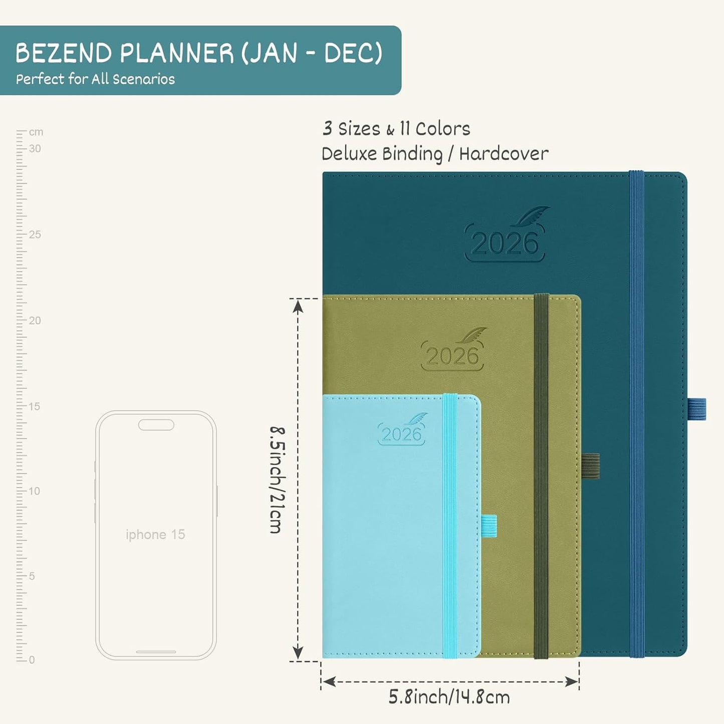 BEZEND 2026 Planner Weekly and Monthly (6" x 8.5") Daily Calendar with Half-Hourly Timeslots & Tabs (Jan-Dec) Note & Expenses, Pen Holder, Inner Pocket, Vegan Leather Hardcover - Turquoise