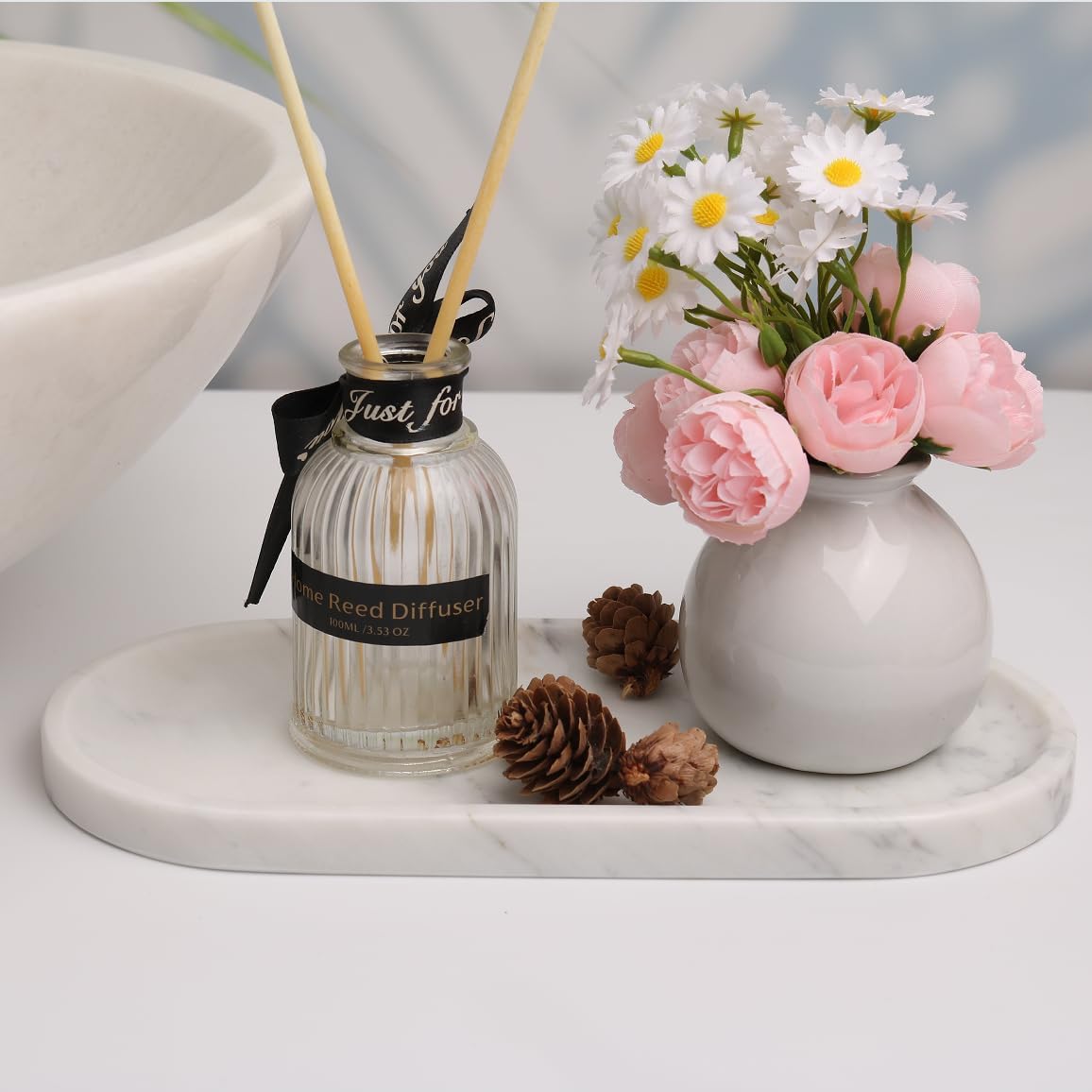 White Marble Vanity Tray for Bathroom Counter, 10"x5" Decorative Tray for Perfume, Candles, Stone Jewelry Dish Tray (White, 9.8X4.7)