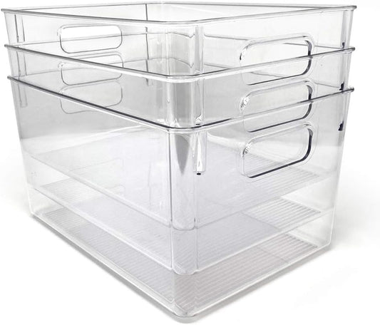 Isaac Jacobs 3-Pack Large Clear Storage Bins with Handles, Plastic Organizer for Home, Room, Office, Fridge, Kitchen/Pantry Non-Slip Container Set, Food Safe, BPA Free (3-Pack, Large)