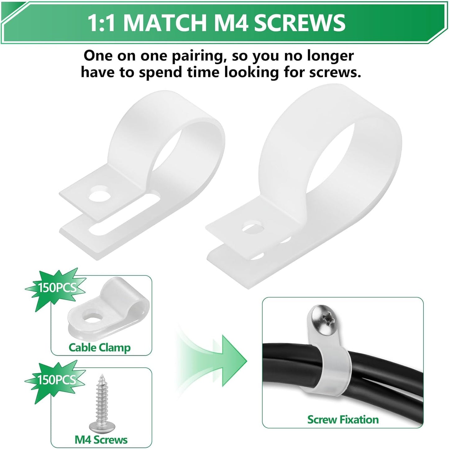 Cable Clips for Cable Management Cord Organizer, 6 Sizes 290 PCS Nylon R-Type, 3/16'' 1/4'' 3/8'' 1/2'' 3/4'' 1'' White Plastic Screw Mounting Cord Fastener Clamp Assortment Kit with M4 Screws