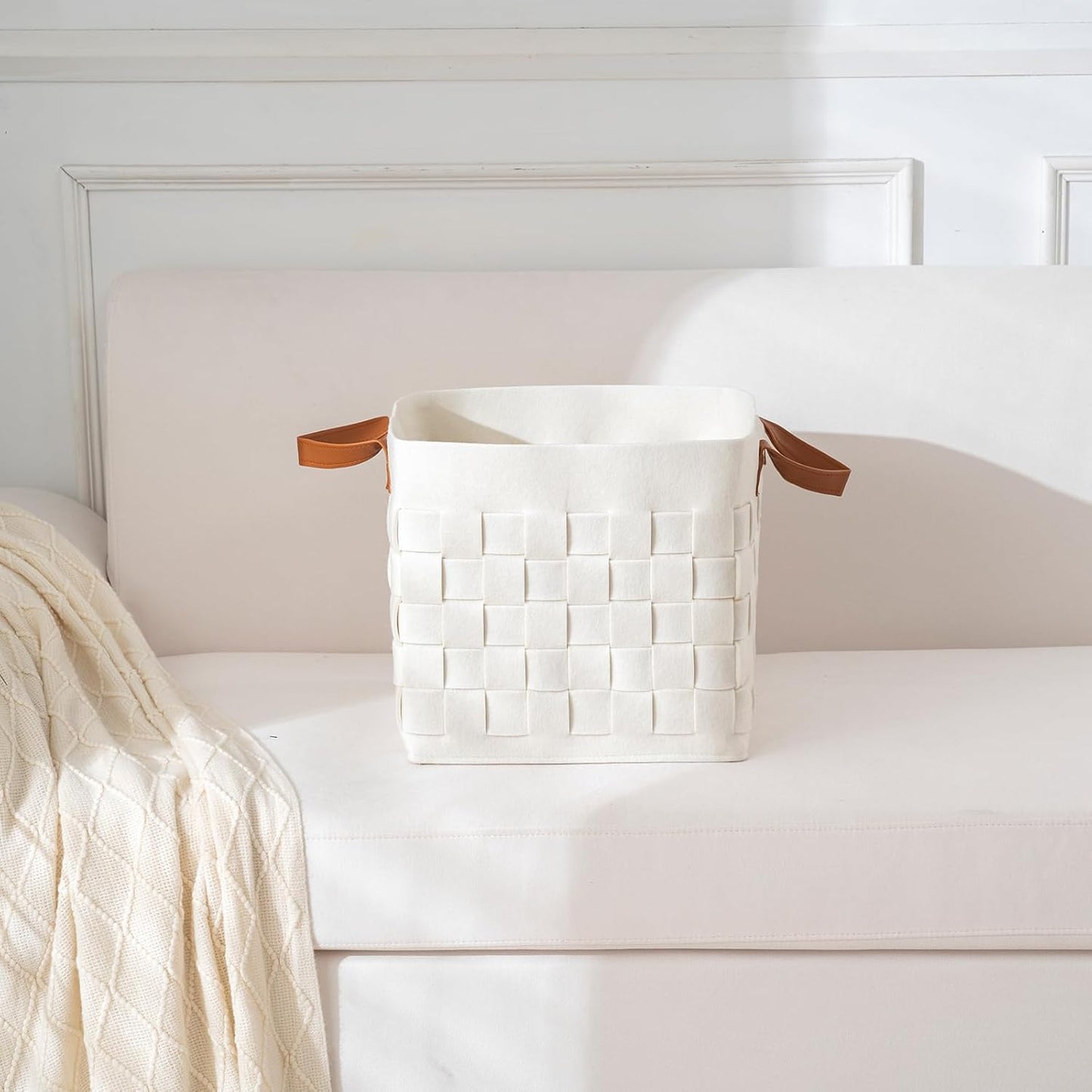 boldmonkey Storage Basket 3 Pack, 13" x13" x13 Large Blanket Baskets with Leather Handle, Cube Felt Fabric Storage Box for Shelves, Bedroom, Nursery, Living Room - Beige