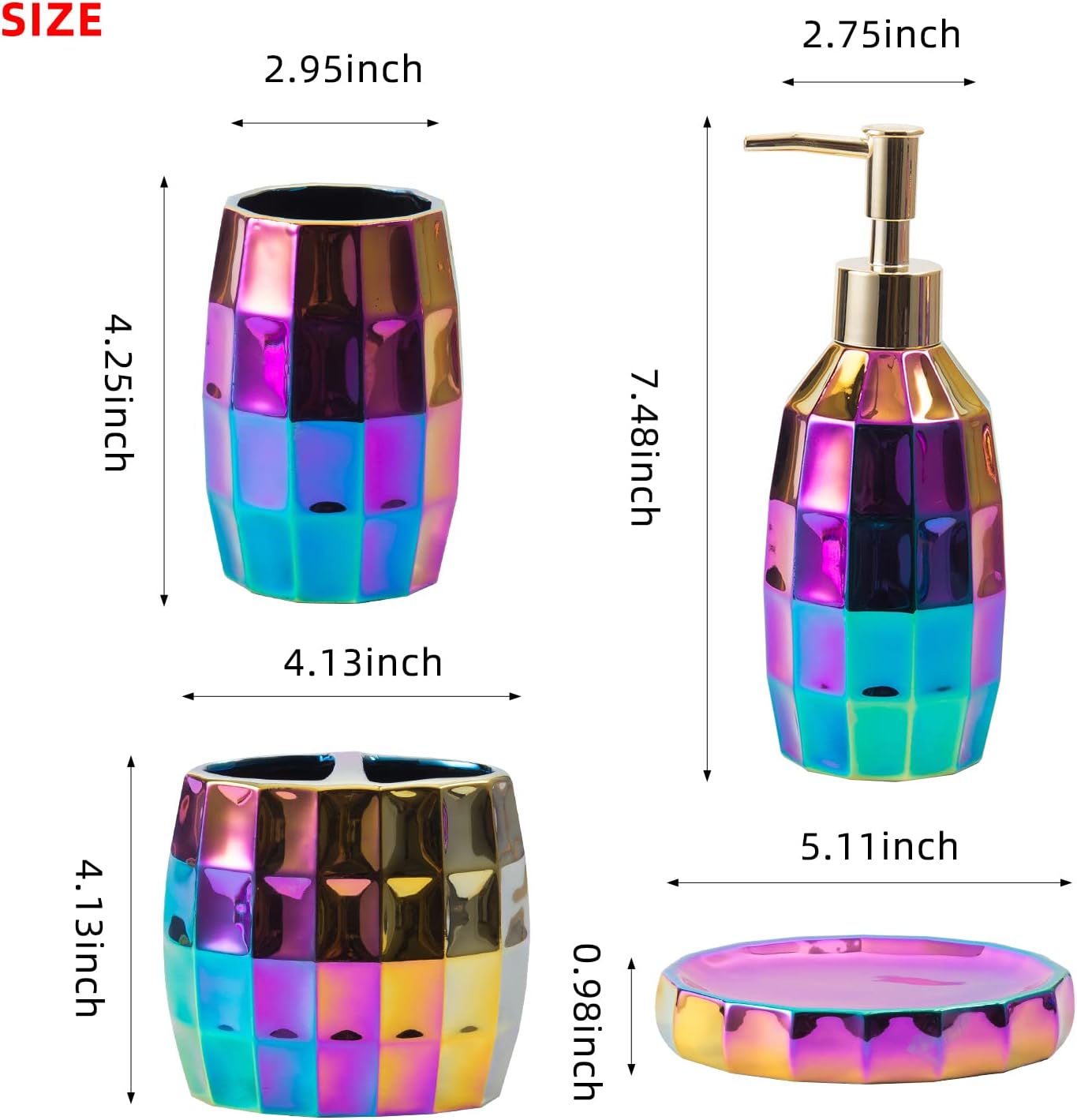 Rainbow Bathroom Accessory Set, Colorful/Gold Mosaic Ceramic Bathroom Accessories Sets Includes Lotion Dispenser, Toothbrush Holder Tumbler, and Soap Dish