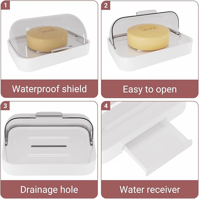 Wall Mounted Soap Holder - Set of 2, White Plastic with Clear Cover, Water Collection Tray, Bar Soap Dish Container Caddy with Lid for Bathroom, Shower, Kitchen Sink, Sponge Storage