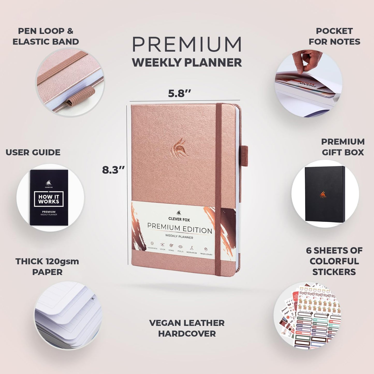 Clever Fox Planner Premium Edition – Undated Luxurious Weekly & Monthly Planner to Increase Productivity and Hit Your Goals – Organizer – Start Anytime, A5, Lasts 1 Year, Rose Gold (Weekly)
