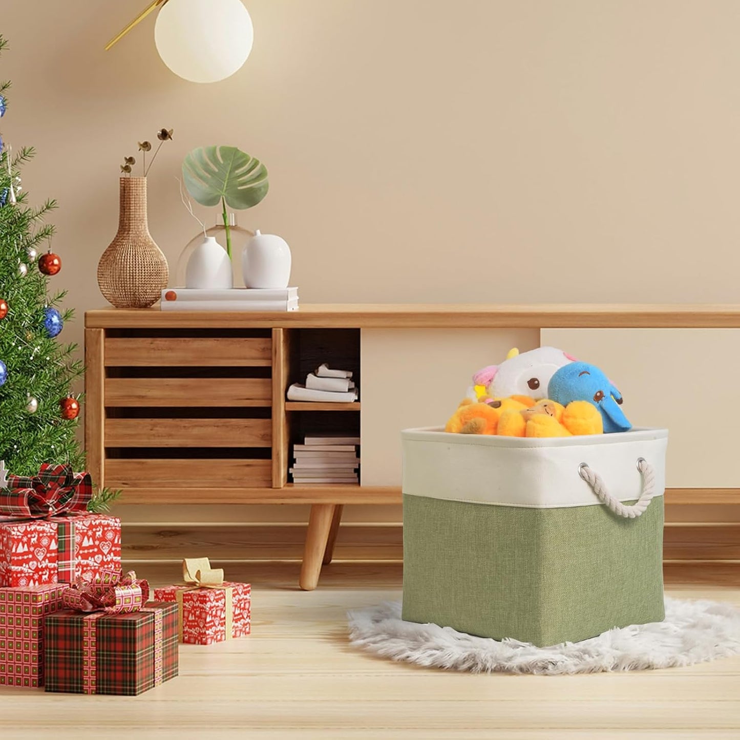 12 inch storage bins[6 Pack],Cube Storage Organizer Bins with Rope Handles, Eco-Friendly Linen Collapsible Organizers for Closet, Nursery, Toys, Office, Bathroom – Dual Color Design.(White&Green)