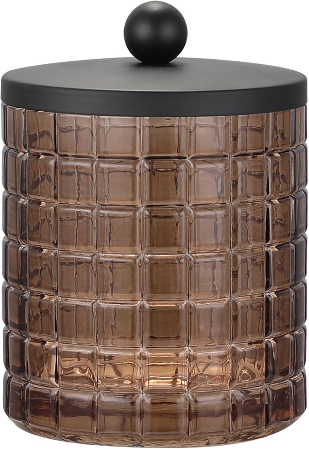 Amber Colored Tranlucent Apothecary Etched Geometric Grid Glass Jar W/Matte Black Metal Lid for Bathroom Organization, Cotton Balls, Q Tips, and Small Accessories, Bathroom Storage