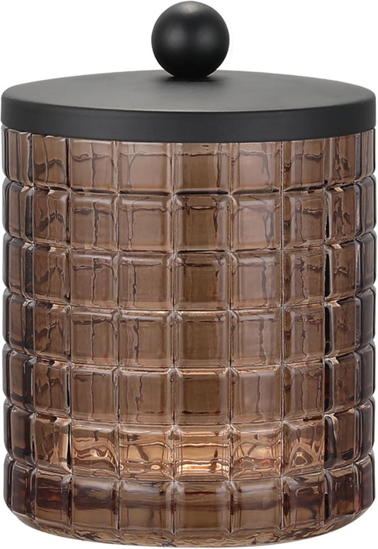 Amber Colored Tranlucent Apothecary Etched Geometric Grid Glass Jar W/Matte Black Metal Lid for Bathroom Organization, Cotton Balls, Q Tips, and Small Accessories, Bathroom Storage