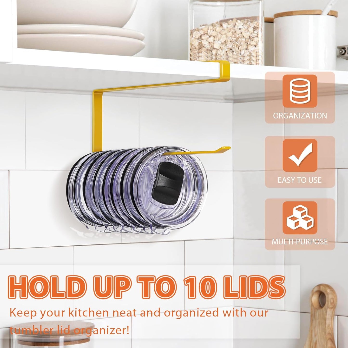Tumbler Lid Organizer, Horizontal Tumbler Lid Storage Hook Up to 10 Lids, Space Saving Cup Lid Holders Under Cabinet Tumbler Lid Hook for Kitchen Organizer and Storage, Paper Towel Rack Hanger (Gold)