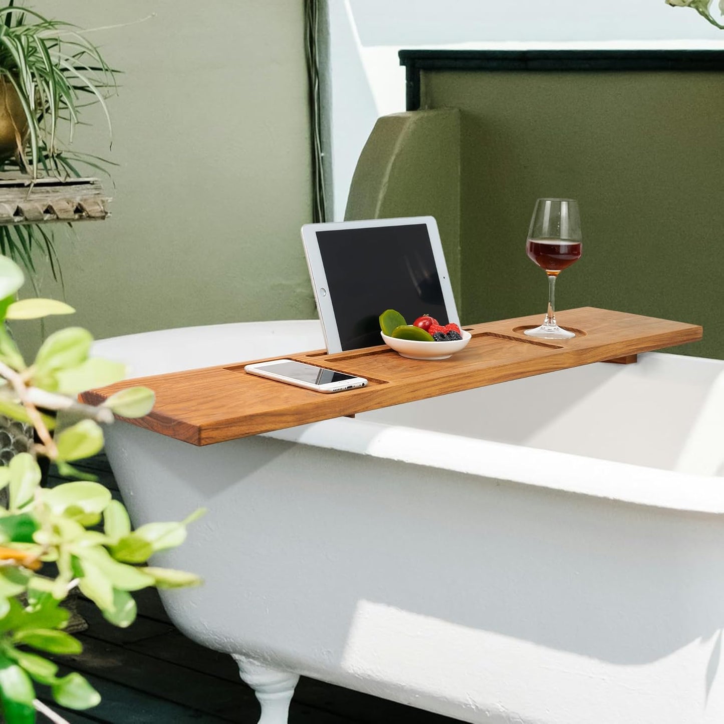 VaeFae Teak Bathtub Tray Table, Wooden Bath Board for Tub with Wine and iPad Holder