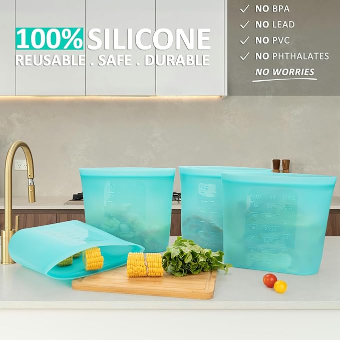 Reusable Food Storage Bags Extra Large, 0.8 Gallon/101 fl.oz/3000 ml, 4 Pack 100% Silicone Food Storage Bags Stand-Up Wide-Mouth Zip-Lock for Large Items, Freezer Microwave Oven Dishwasher Safe, Aqua