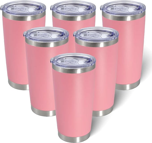 20oz Tumbler Bulk Stainless Steel Tumblers with Lid Vacuum Insulated Double Wall Travel Coffee Mug Powder Coated Tumbler Cup for Hot and Cold Drinks(Pink, 6 pack)