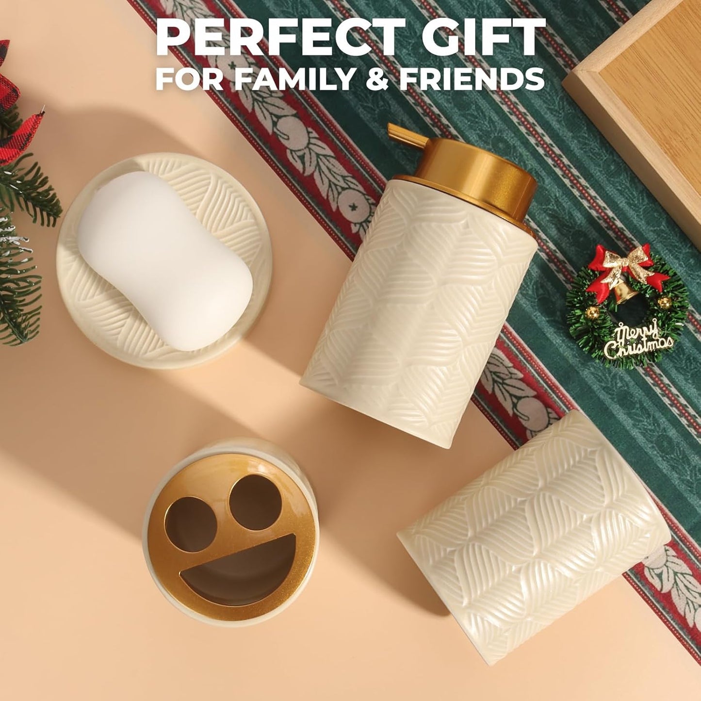 Ceramic Bathroom Accessories Set, 4 Pcs-Includes Lotion Soap Dispenser, Toothbrush Holder, Vanity Tray, and Tumbler, Modern Bathroom Decor Organizer with Soap Dish, Apothecary Jar, Beige Color