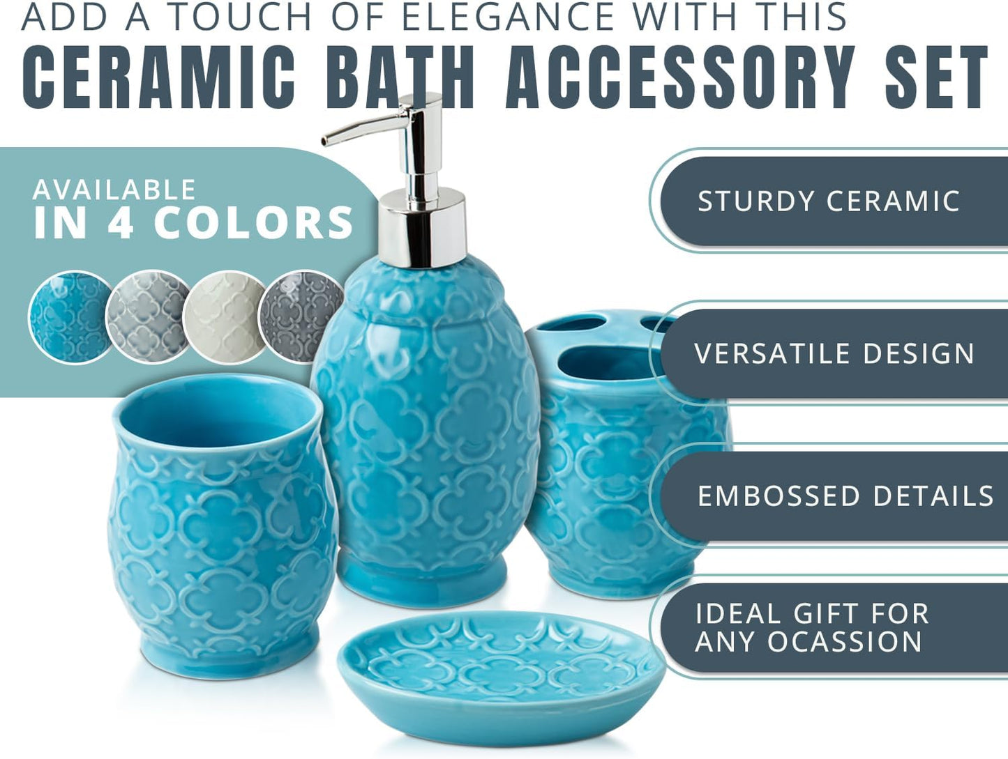 Comfify 4-Piece Bathroom Accessory Set - Ceramic Bath Set with Blue Glossy Finish - Modern Vanity Accessories Including Soap Dish, Tumbler, and Toothbrush Holder