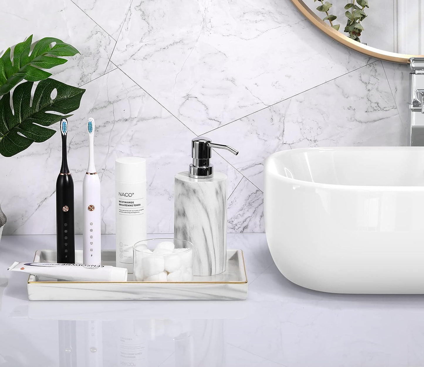 Luxspire Marble Ceramic Vanity Tray - 11" Gold and White Counter Tray for Dresser, Kitchen, Perfume, Bathroom Accessories