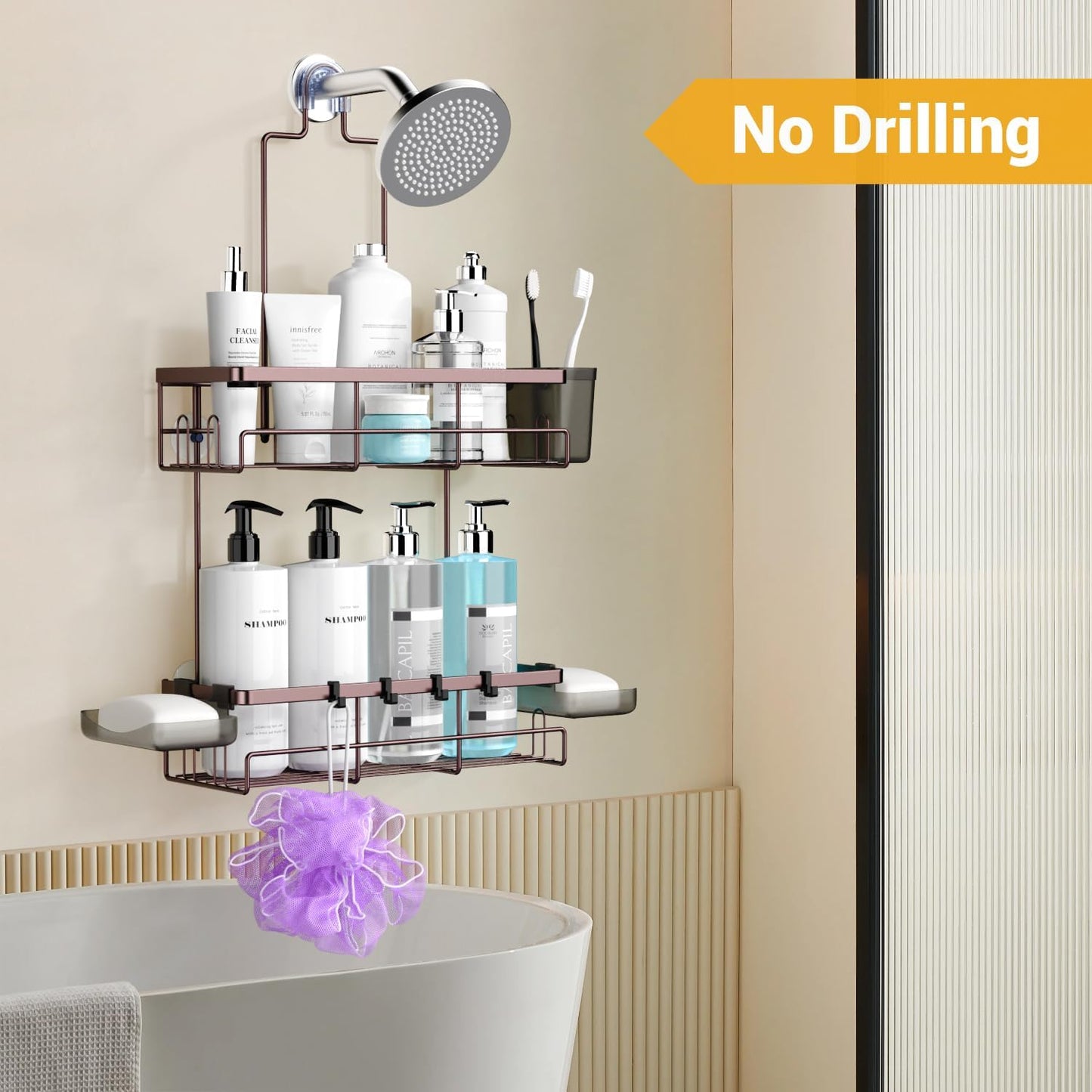 Shower Caddy Hanging Bathroom Organizer: Rustproof Shelf for Inside Shower - No Drilling, Over Showerhead - Bath Shelves for Shampoo, Soap - Bronze