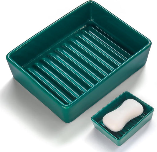 Simple Modern Ceramic Soap Dish for Bathroom Sink, Dark Green Decorative Soap Holder, Soap Bar Holder with Higher Draining Ridges for Shower, Kitchen, Easy to Clean