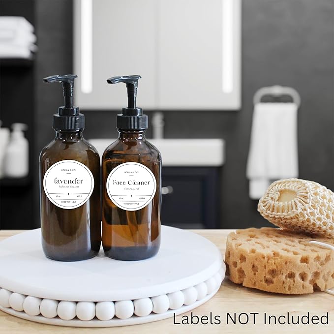 Cornucopia Brands 8oz Glass Pump Bottles (Pack of 4, Amber Brown) Lotion Soap Dispensers w/Black Plastic Pumps