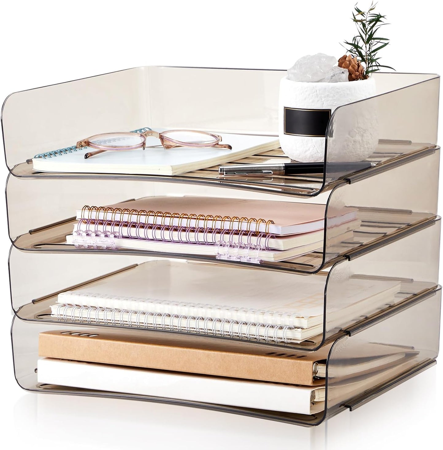 Harloon 4 Tier Acrylic Paper Tray 13 x 9.8 x 3 Inches Stackable Letter Clear Organizer No Need to Assemble Acrylic Paper Organizer File Tray for Office Workspace Desktop Storage (Transparent Gray)