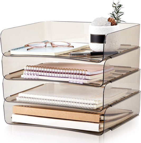Harloon 4 Tier Acrylic Paper Tray 13 x 9.8 x 3 Inches Stackable Letter Clear Organizer No Need to Assemble Acrylic Paper Organizer File Tray for Office Workspace Desktop Storage (Transparent Gray)