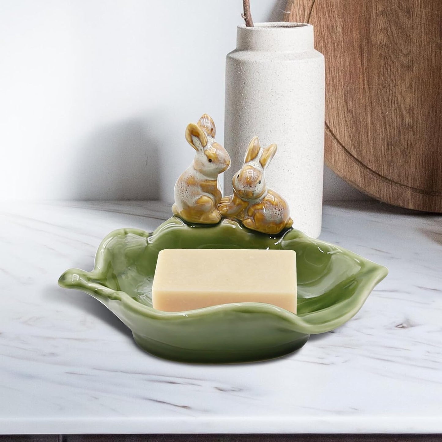 Rabbit Ceramic Soap Dish, Decorative Bunny Soap Plate, Sponge Holder,Key Bowl & Jewelry Tray, Green - Bathroom, Kitchen, Counter Organizer (1 Pack)