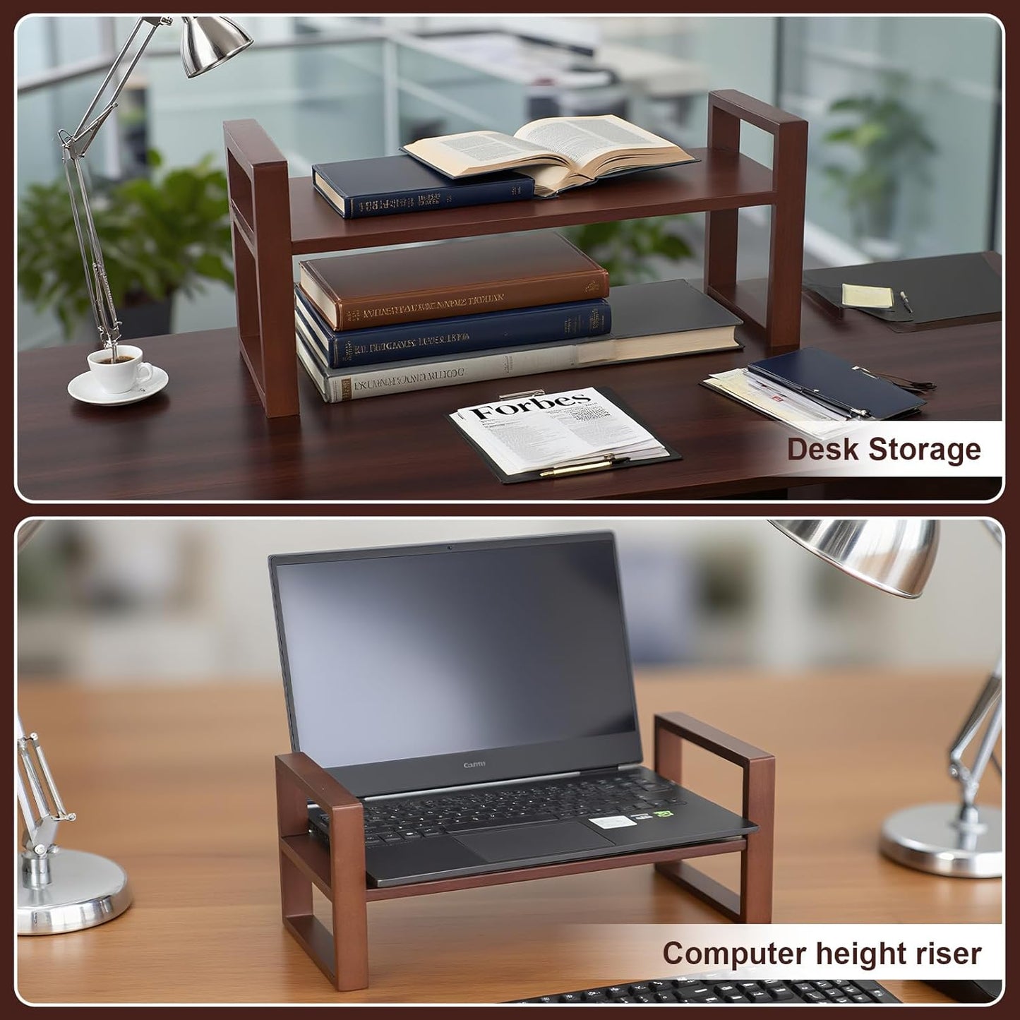Desk Shelves Desktop Organizer Shelf - No Assembly Needed Holds 130lbs for Top of Desk Organizers and Accessories Corner Bookshelf Table Top Shelving in Office, Books, Bathroom Storage--Walnut Colour