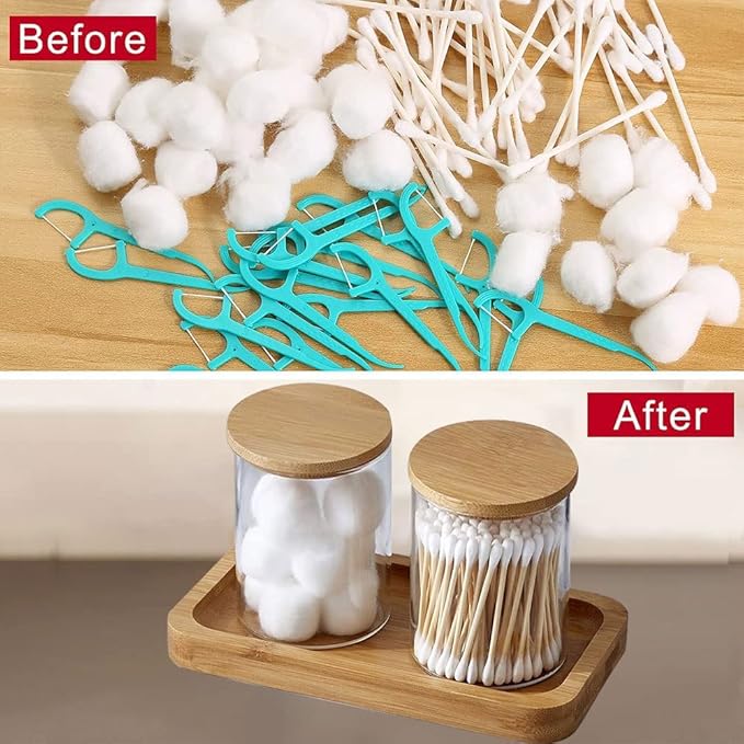 Bamboo Vanity Tray, Bathroom Tray Organizer Glass Qtip Holder Dispenser Apothecary Jars for Cotton Swabs Balls, Round Pad, Perfume Candles, Cosmetics and Jewelry Storage Organizer