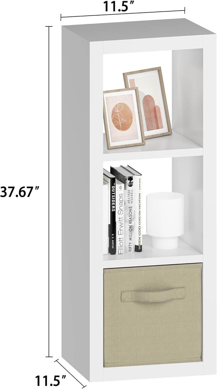 furtble 3 Cube Storage Organizer Shelf with Bins, White 3 Tier Bookcase with Fabric Storage Bins, Morden Bookshelf for Bedroom, Living Room, Closet, Office, 11.5" D x 11.5" W x 37.67" H