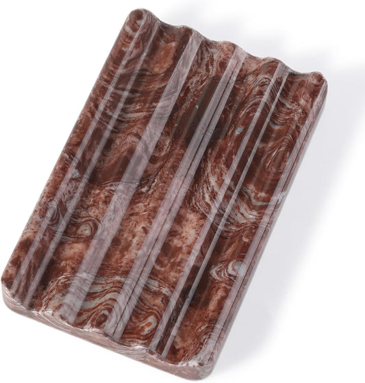 Koville Natural Marble Soap Dish for Shower, Red Marble Soap Tray for Bathroom, Bar Soap Holder for Sink, Stripe Grooves Saver Stone Soap Dish Keep Soap Bars Dry Easy Clean(Red Storm)