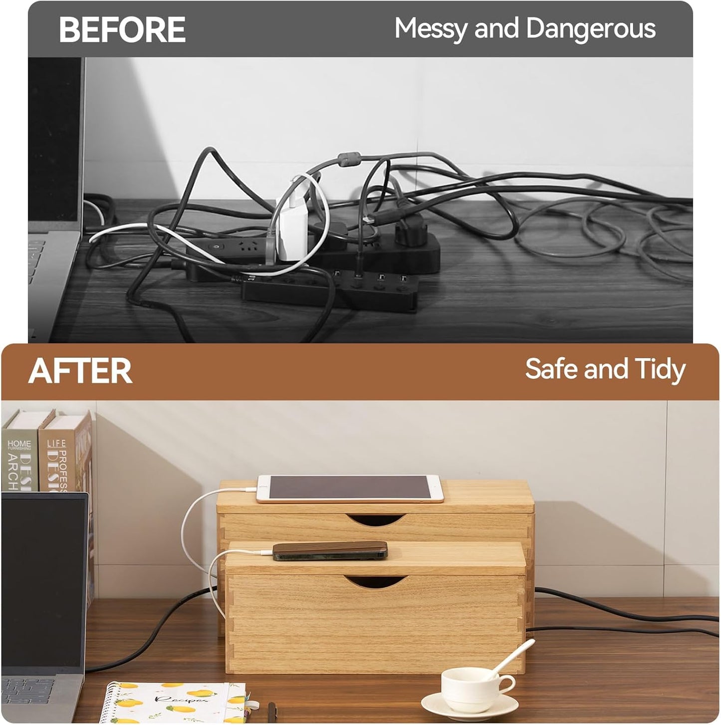 KIRIGEN Cable Management Box Wooden Cord Organizer Hide Power Strip Desk Wires Protector for Home Office TV Computer (DXH2T-NA)
