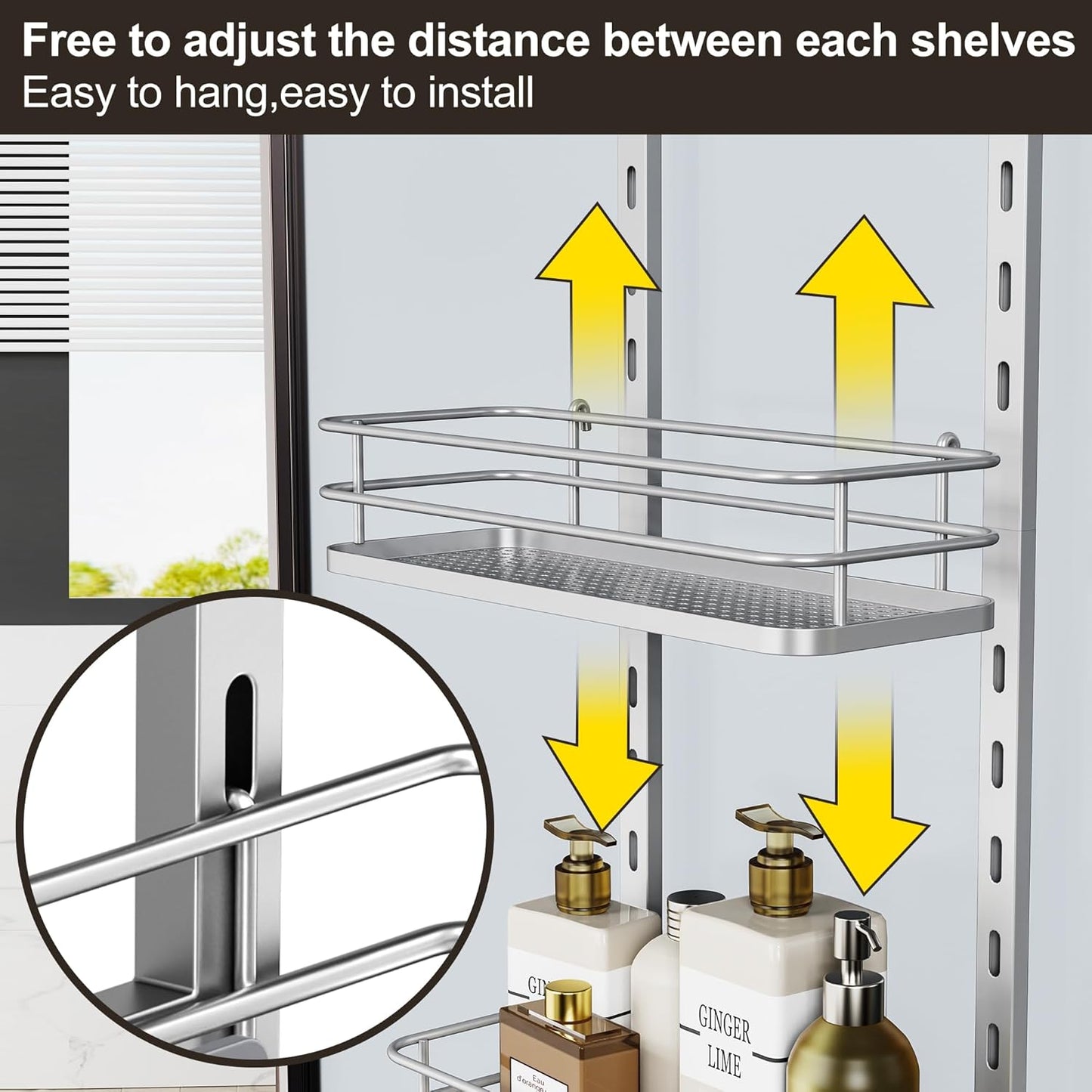 Orimade Over the Door Shower Caddy Adjustable 5 Tier Silver,Bathroom Hanging Organizer Shelf Rustproof with 4 Hooks,Shower Basket with Soap Holder and Suction Cup Bathroom