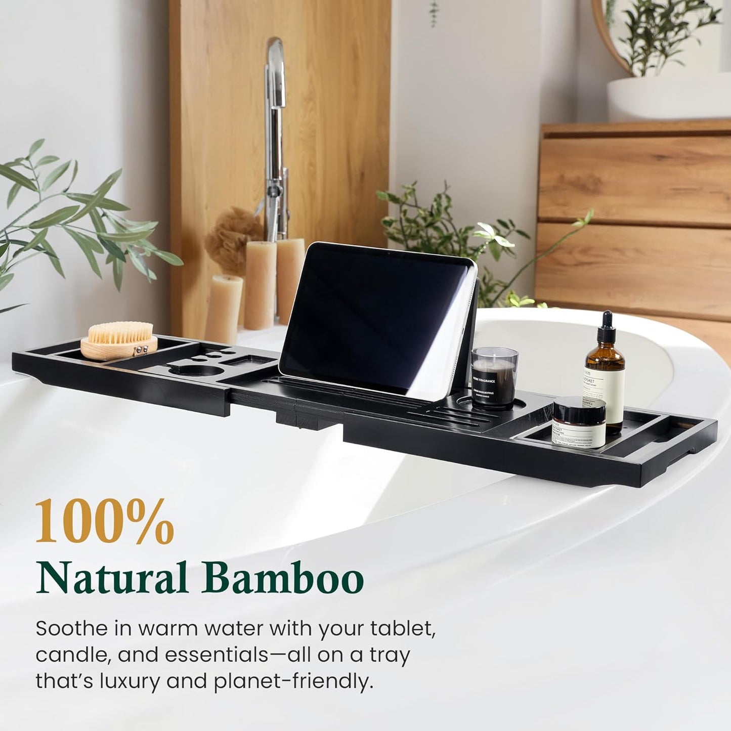 Bamboo Bathtub Tray Caddy - Splash-Proof Adjustable (28.5-40") with Wine Holder, Tablet Stand & Non-Slip Grip | Spa-Grade Organizer for Bath Essentials & Reading- Black