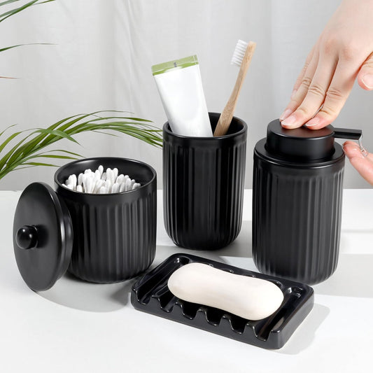 BosilunLife Ceramic Bathroom Accessories Set - Bathroom Counter Soap Set Black Bathroom Decor Sets Accessories Bathroom Lotion Soap Dispenser and Toothbrush Holder Set, Soap Dish, Apothecary Jars