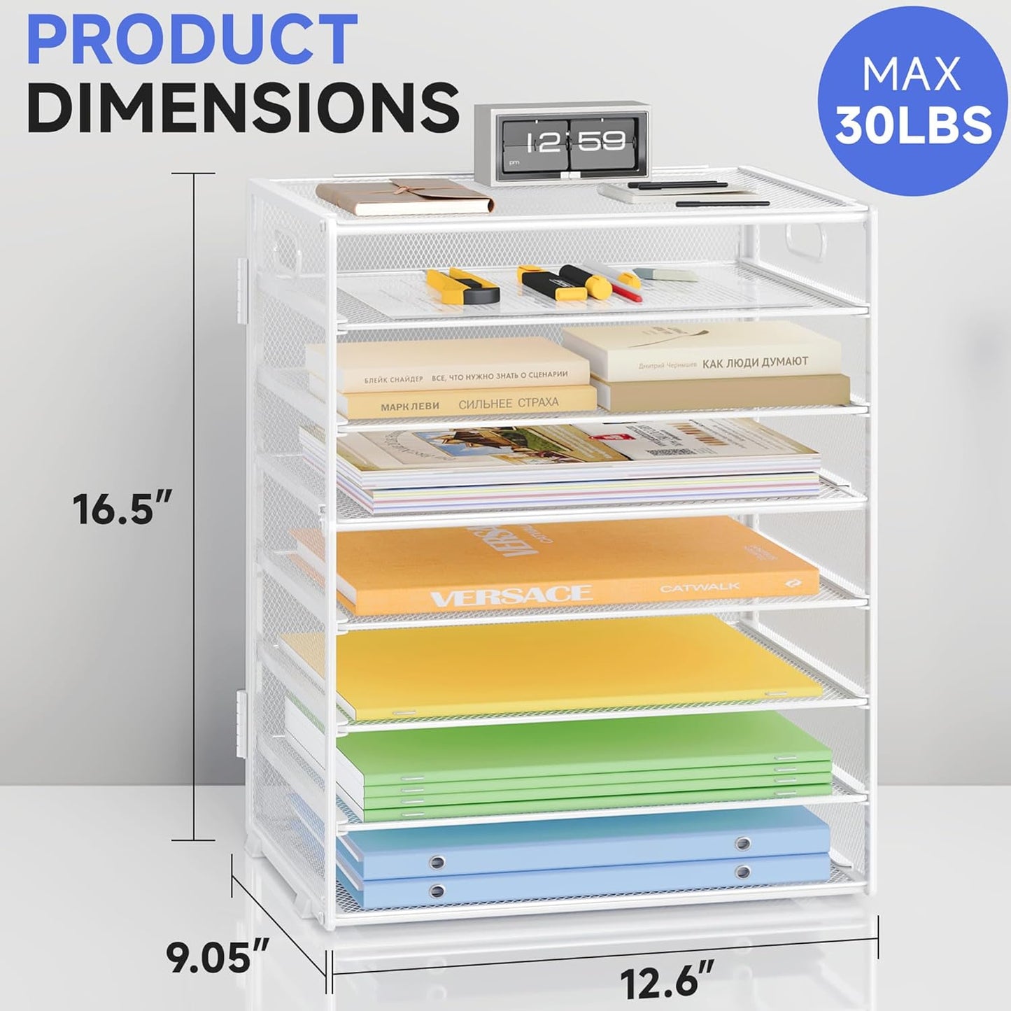 8 Tier Paper Organizer with Handle, Metal Mesh Desk File Organizer, Large Capacity Desk Organizers Paper Letter Tray Desktop Document Sorter for Office, Home or School - White