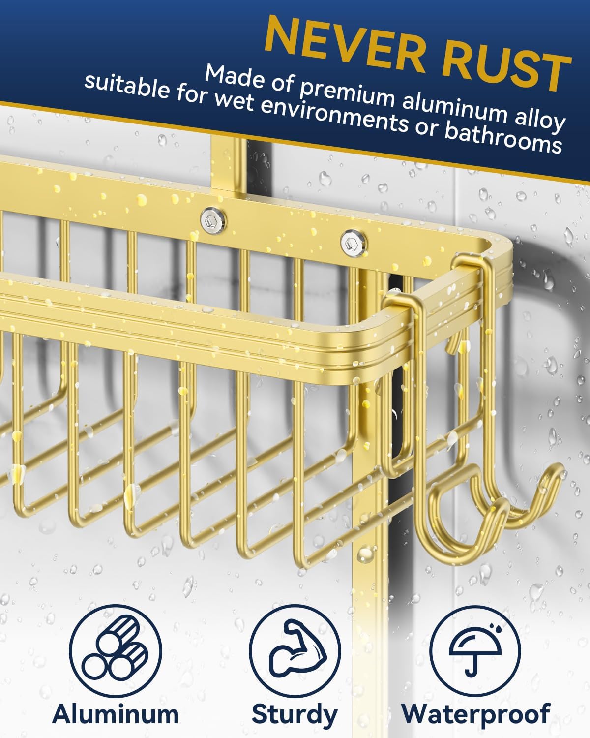 YASONIC Shower Caddy Hanging, Never Rust Shower Organizer Hanging, Aluminum Shower Racks for Inside Shower with Hooks for Razor, Bathroom Organizers and Storage with Soap Holder, Gold