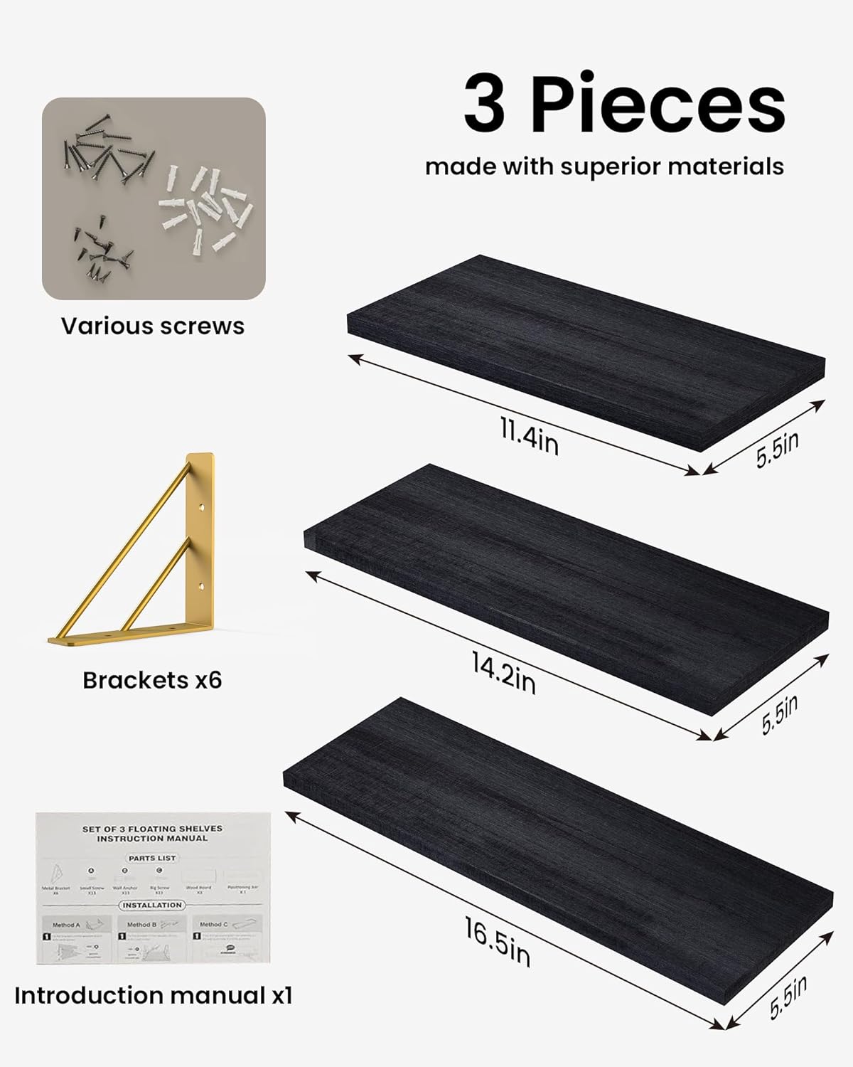 BAYKA Wall Shelves for Bedroom Decor, Floating Shelves for Living Room Kitchen Storage, Mounted Rustic Wood Floating Shelves for Kids Books, Corner Shelves for Bathroom, Office(Black Gold,Set of 3)