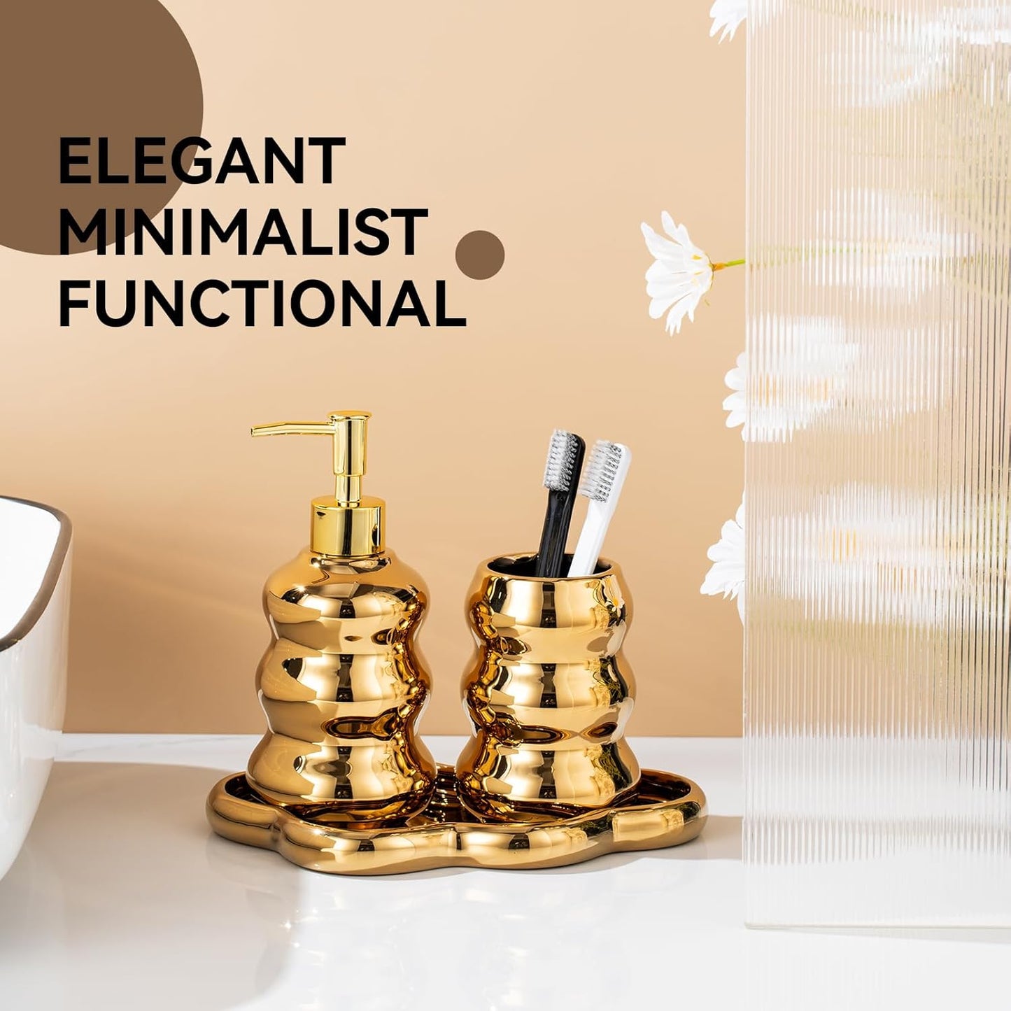 Gold Bathroom Accessory Set, 3-Piece Gold Ceramic Bath Accessories Set with Tray, Lotion Dispenser, and Tumbler for Luxurious Bathroom Decor