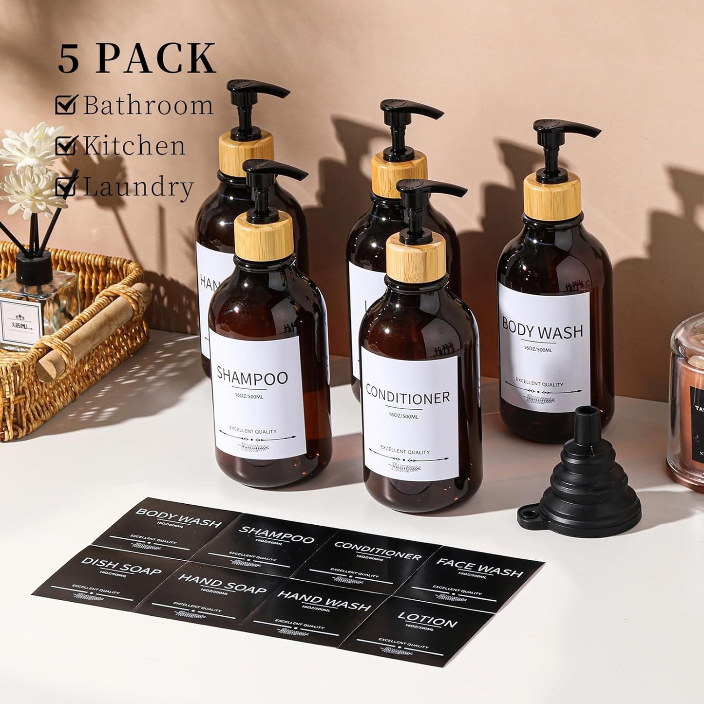 Shampoo and Conditioner Dispenser, 5Pack Refillable Dispenser Bottles,16.9oz Pump Bottles, Amber Shampoo Containers for Shower