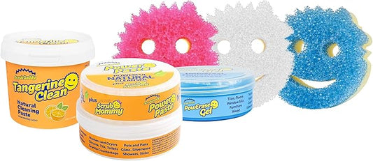 Scrub Daddy Sponges + Household Cleaning Supplies Bundle - PowerPaste Cleaning Putty, Tangerine Clean, PowErase Gel All Purpose Cleaner & Scrub Mommy (3 Pastes & 3 Sponges)