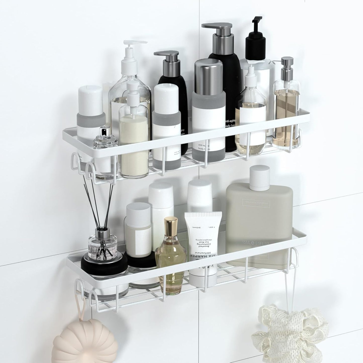 Shower Caddy Organizer with Hooks,Self Adhesive Bathroom Shelves,No Drilling Bathroom Organizers and Storage,Perfect for RV, Apartment, Home Decor,2 Pack White