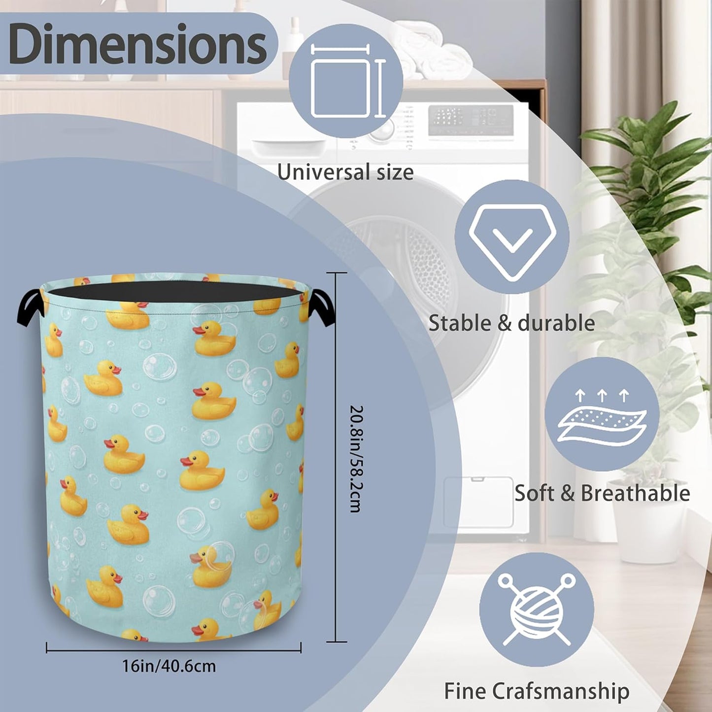 Cute Duck Laundry Basket,Foldable with Handles Tote Bag Oxford Cloth for Bathroom Bedroom Dirty Clothes Storage Bucket 16" x 20.8"