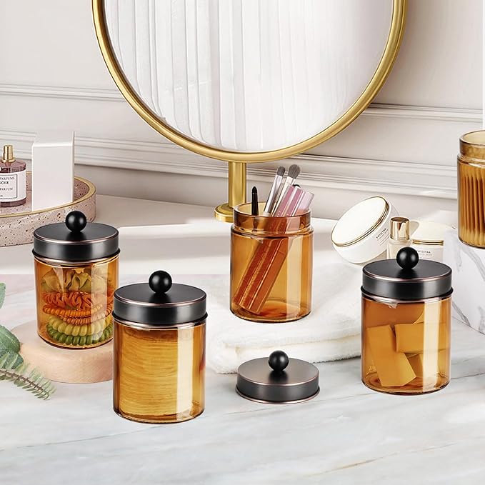 Amolliar Amber Bronze Glass Apothecary Jar With Metal Lid & Labels, Bathroom Qtip Holder Dispenser Storage Canister, Perfect for Cotton Balls, Cotton Swabs, Makeup Pads, Bath Salt, Floss, 2 Pack (ORB)