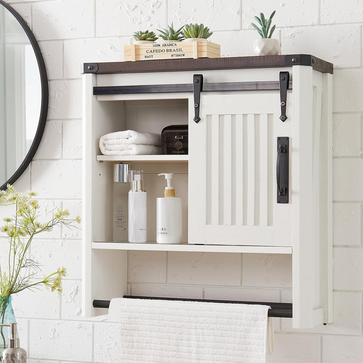 Bathroom Wall Cabinet, Farmhouse Medicine Cabinet with Sliding Barn Door & Adjustable Shelves, Wall Mounted Storage Cabinet for Toilet, Kitchen, Living Room (Antique White)