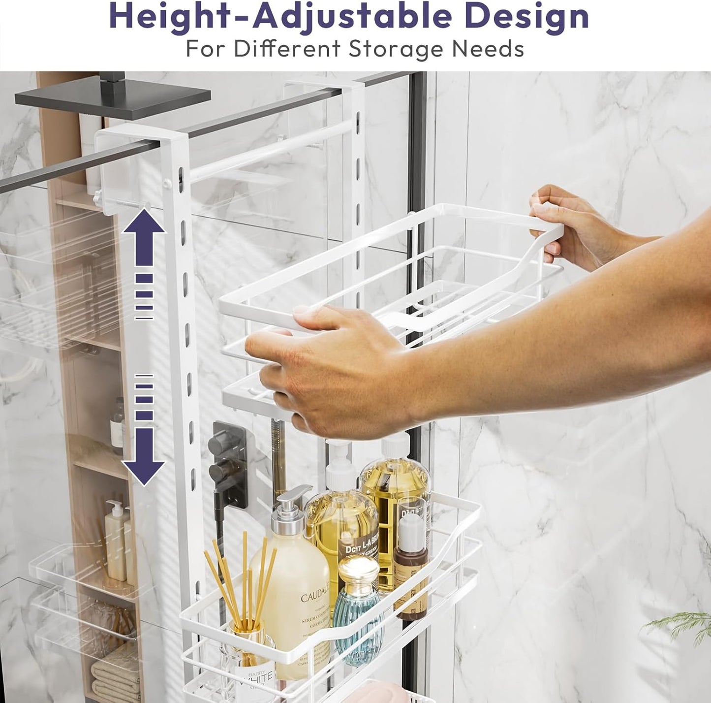 SWTYMIKI Over the Door Shower Caddy - 3 Tier Adjustable Shower Organizer Hanging with Soap Holder, No Drilling Stainless Steel Bathroom Hanging Caddy for Body Wash, Shampoo, Soap, Razor, White