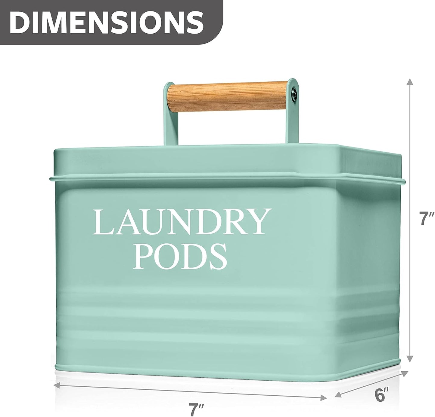 Calindiana Modern Farmhouse Metal Laundry Pods Holder Container with Lid for Laundry Room Decor and Accessories and Space Saving Organization and Storage, Holds 81 Laundry Pods, Mint