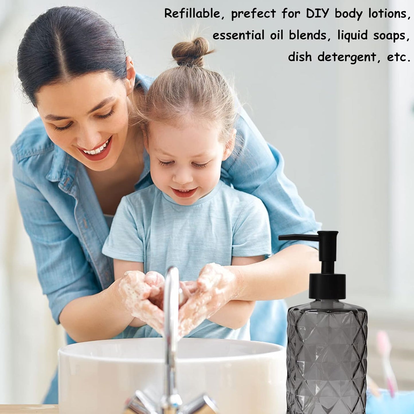 Glass Soap Dispenser with Black Plastic Pump, 12oz Refillable Liquid Hand Soap Dispenser, 2 Pack Crystal Lotion Bottle for Modern Home Decor, Bathroom, Kitchen Countertop, Hotel